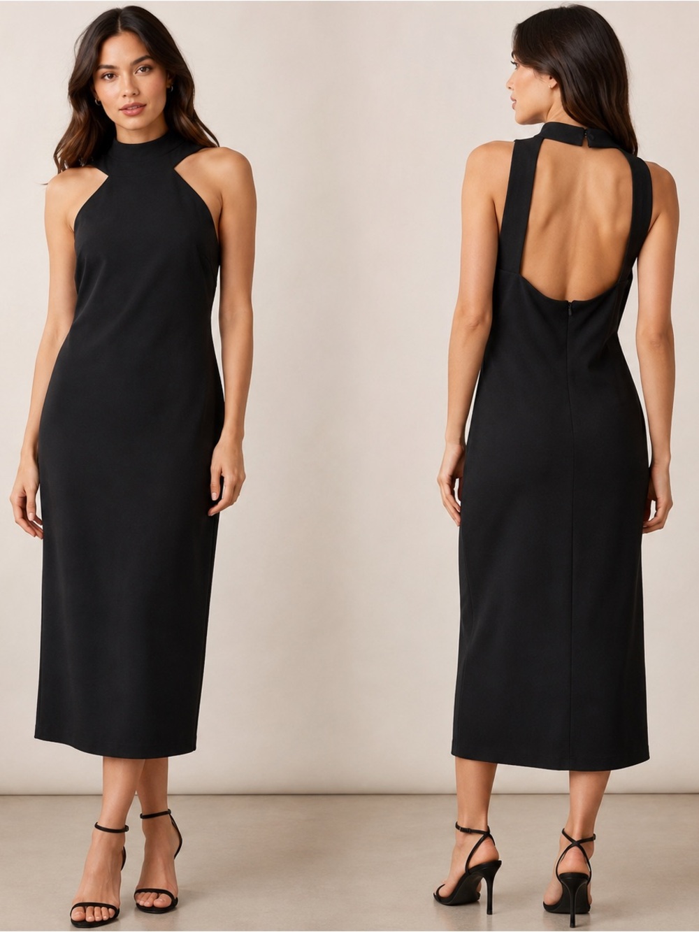 Bebe Black High Neck Open Back Midi Dress Size 14 NWT
